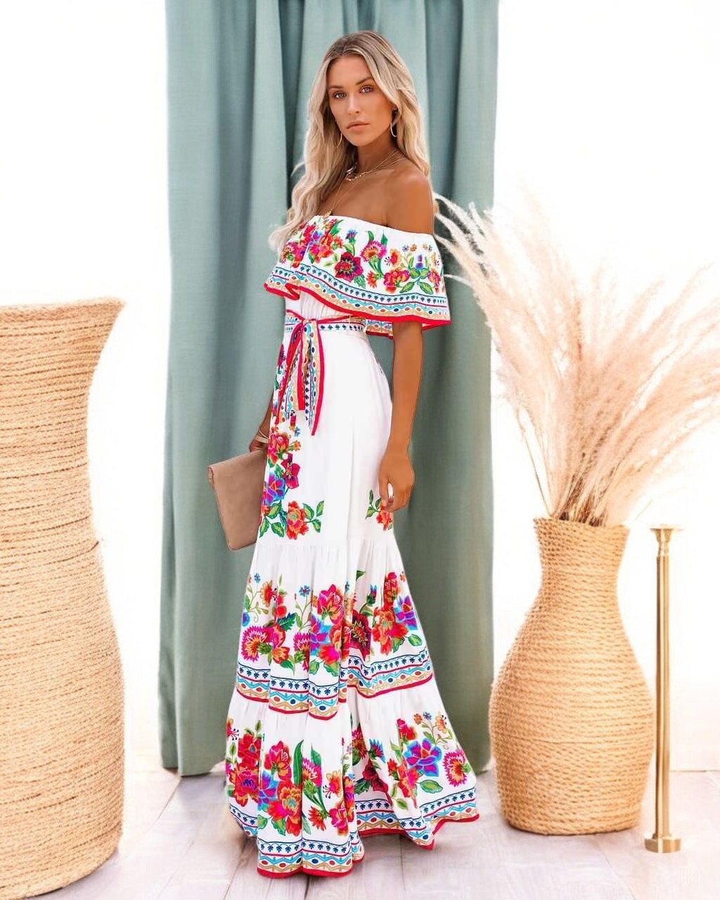 Off-Shoulder Floral Summer Maxi Dress