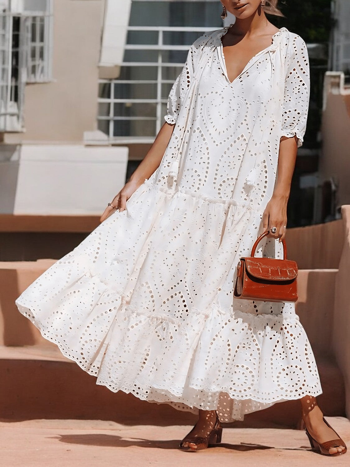 Summer Chic Tie Neck Cotton Tiered Dress