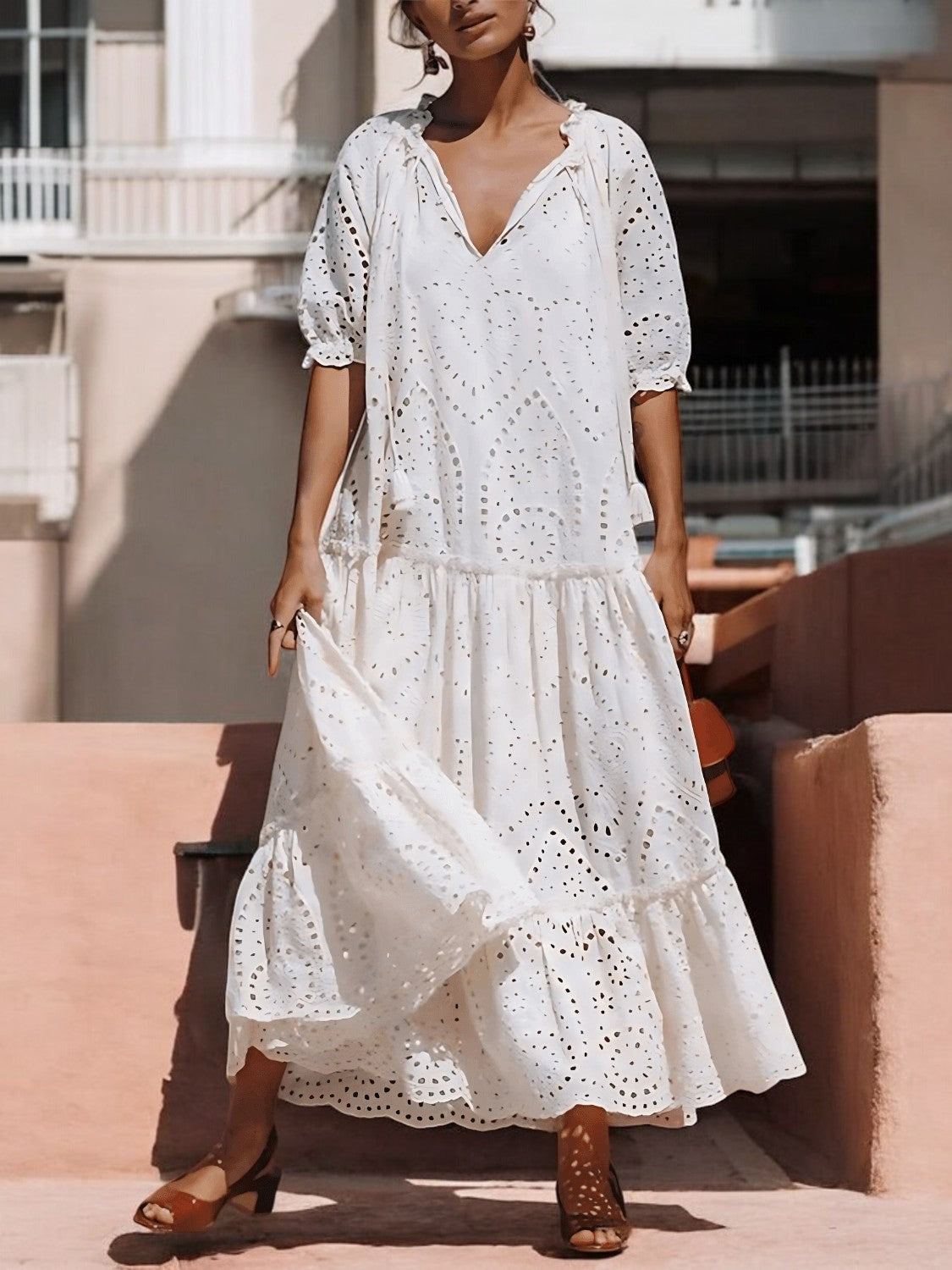 Summer Chic Tie Neck Cotton Tiered Dress