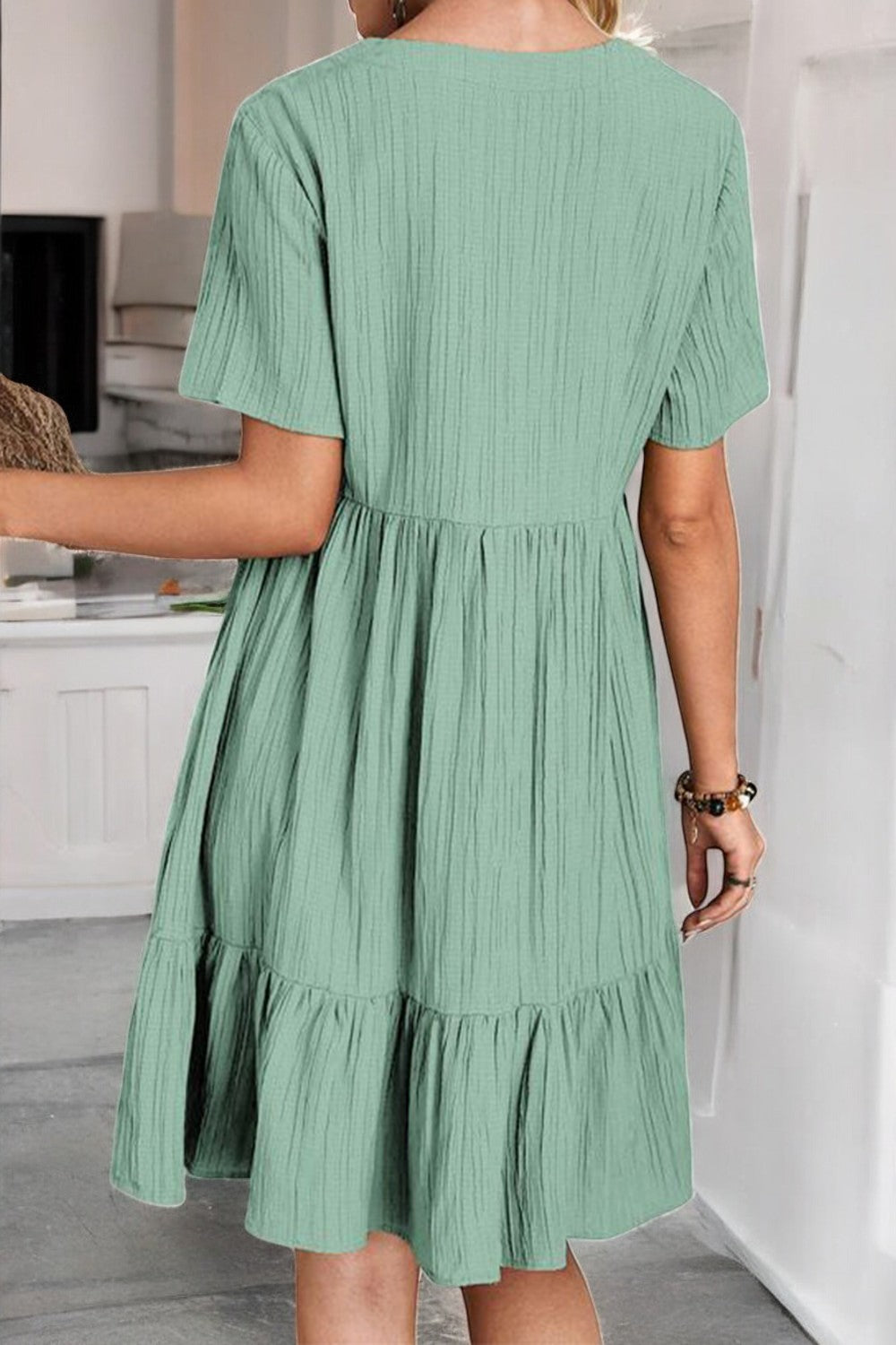 Sunlit Allure Ruched V-Neck Short Sleeve Dress