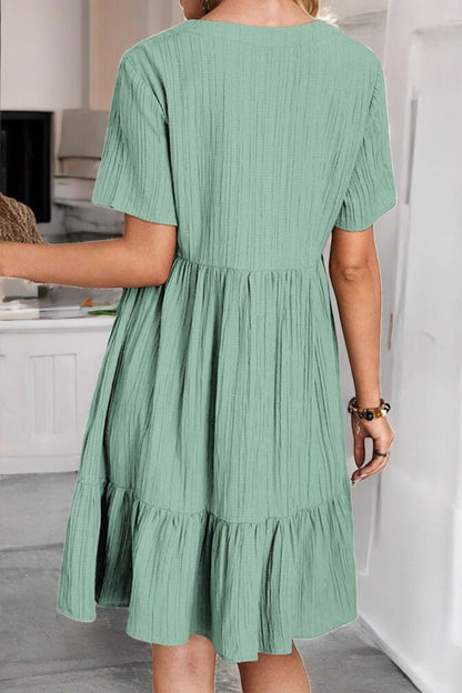 Sunlit Allure Ruched V-Neck Short Sleeve Dress