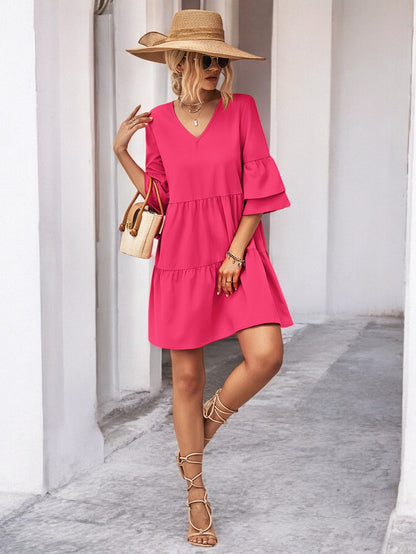 Flirty V-Neck Flare Sleeve Mini Dress