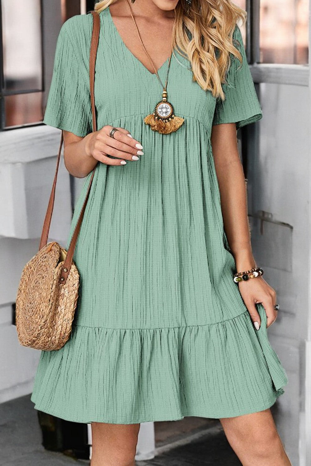 Sunlit Allure Ruched V-Neck Short Sleeve Dress