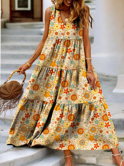 Tropical Bloom Tiered V-Neck Sleeveless Dress