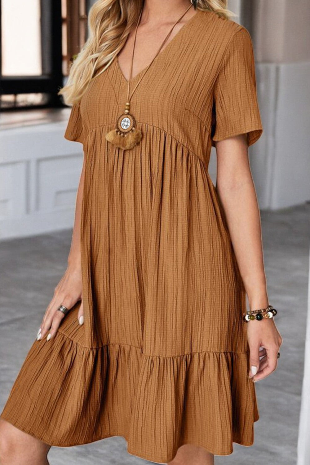 Sunlit Allure Ruched V-Neck Short Sleeve Dress