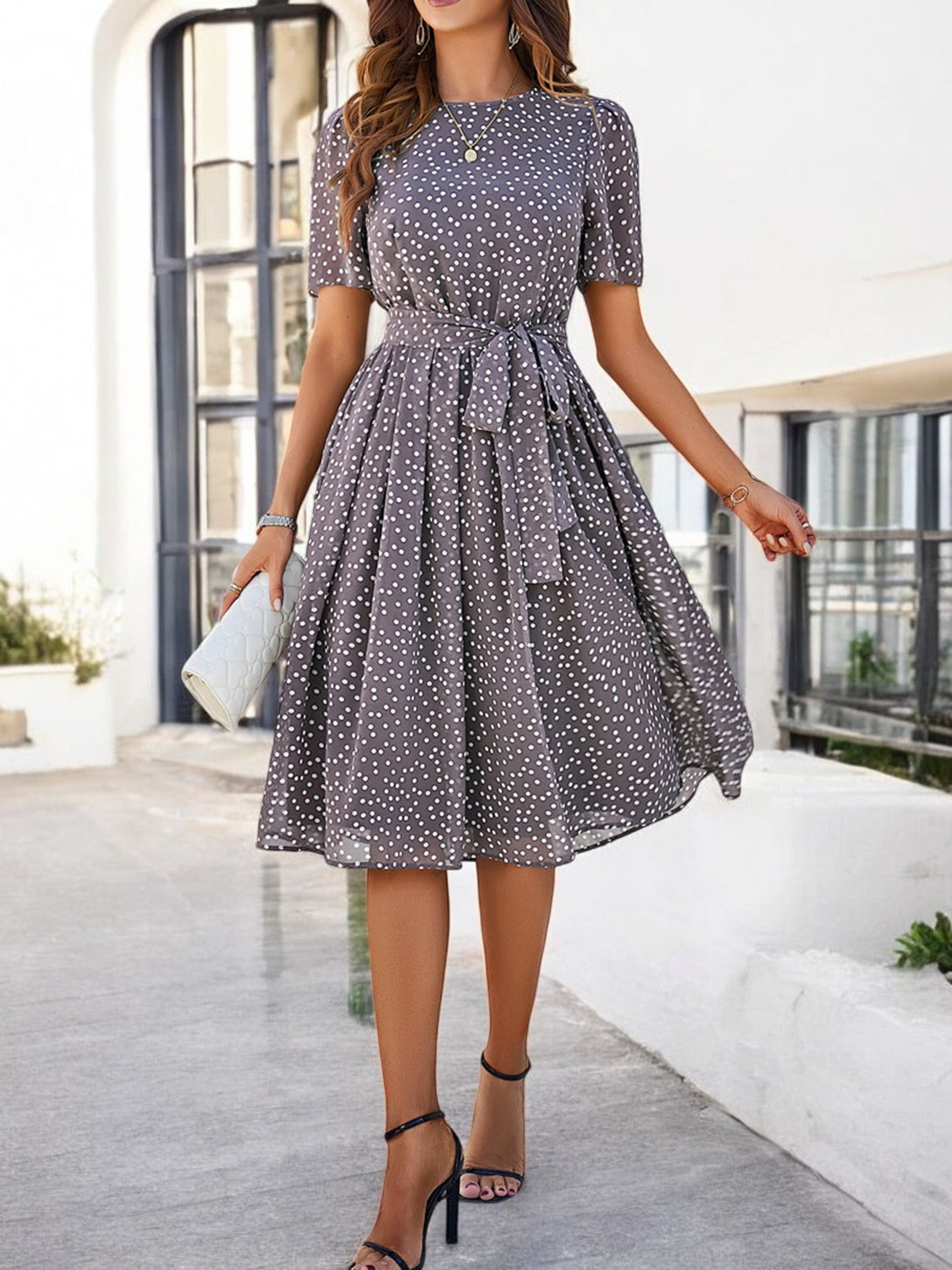 Printed Round Neck Short Sleeve Dress