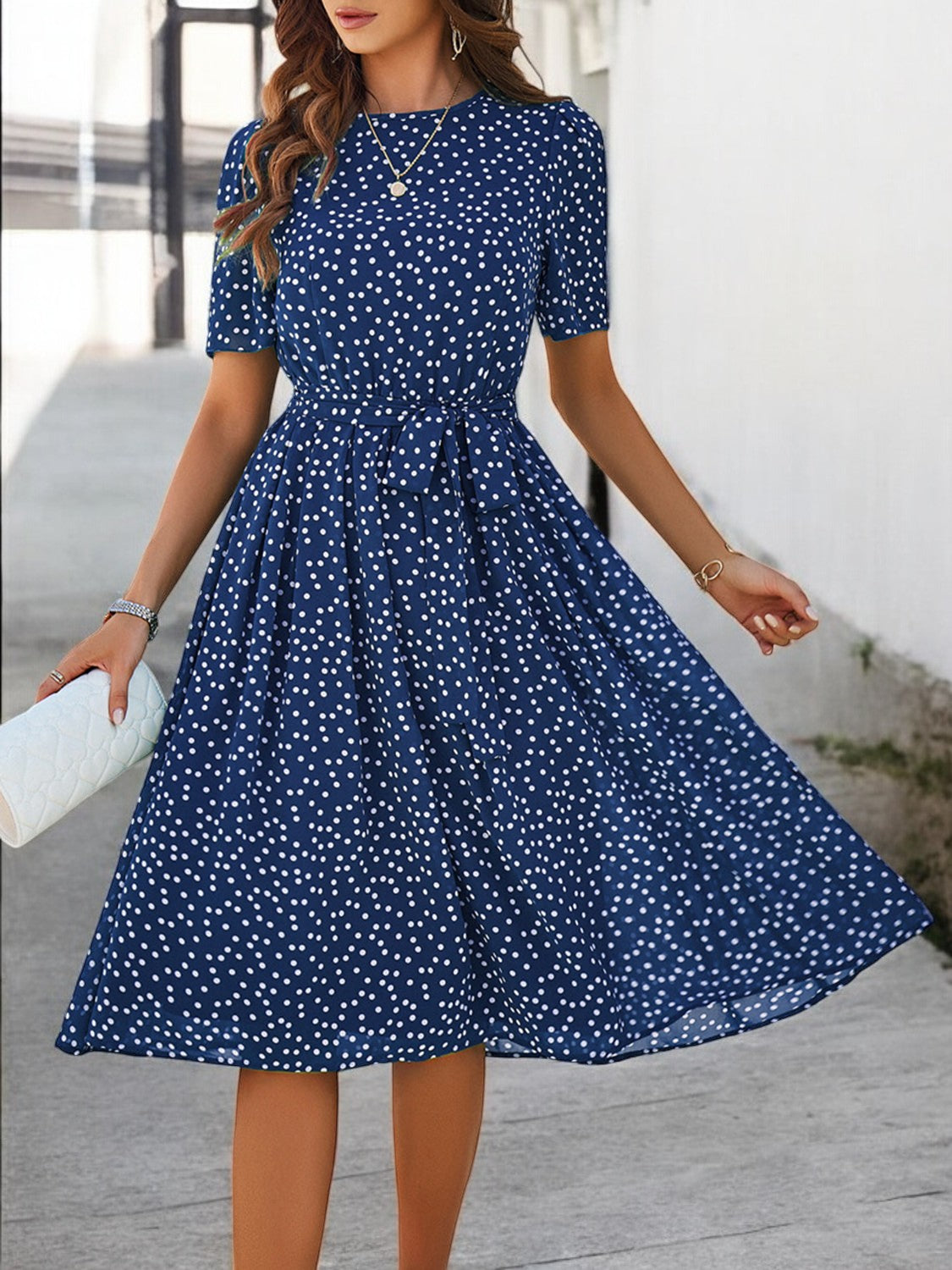 Printed Round Neck Short Sleeve Dress