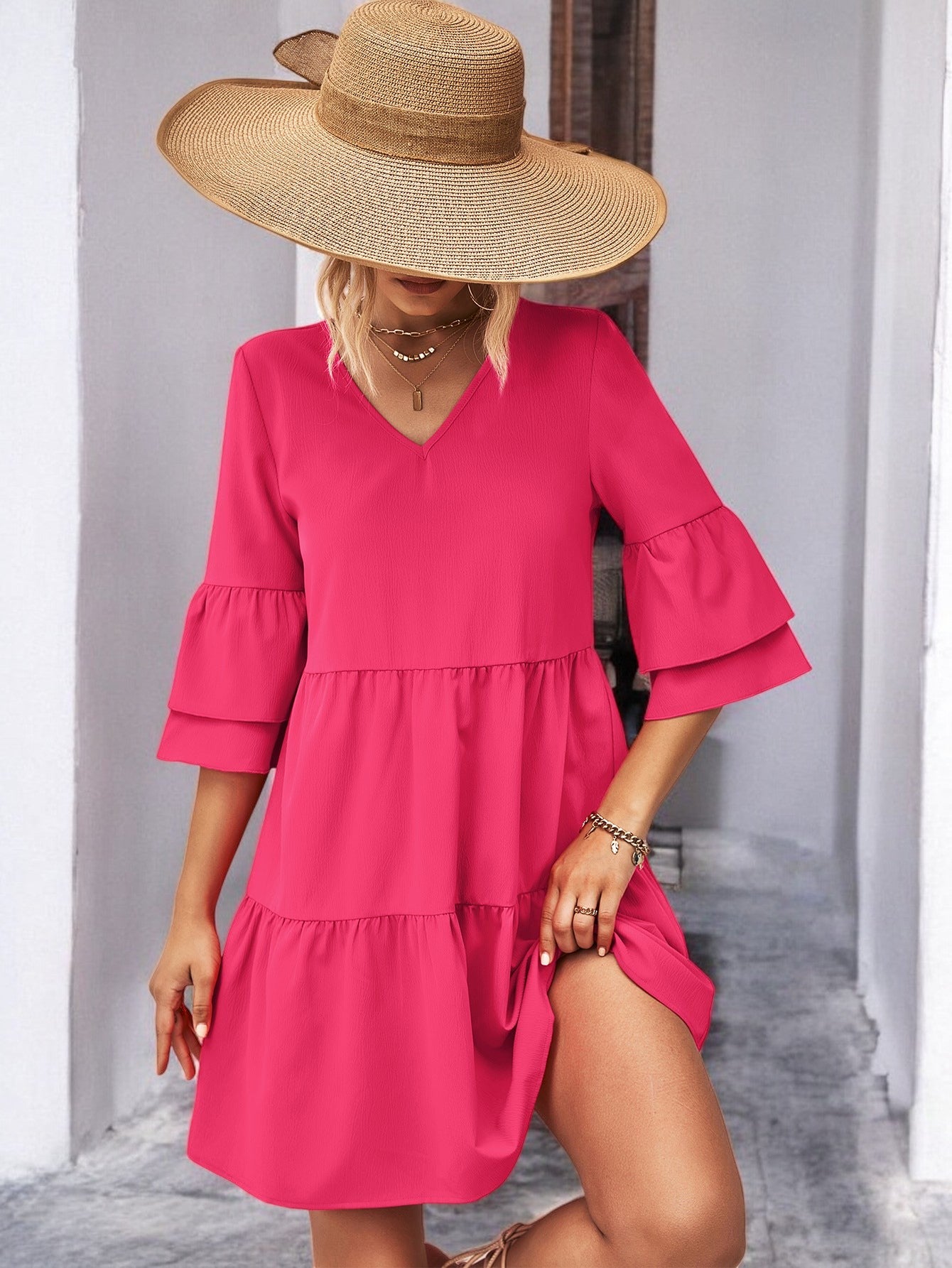 Flirty V-Neck Flare Sleeve Mini Dress