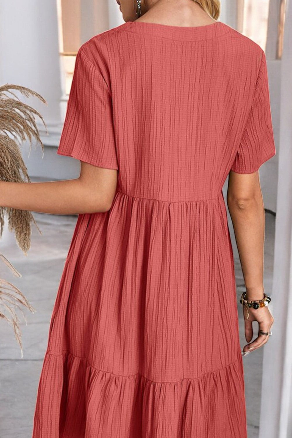 Sunlit Allure Ruched V-Neck Short Sleeve Dress