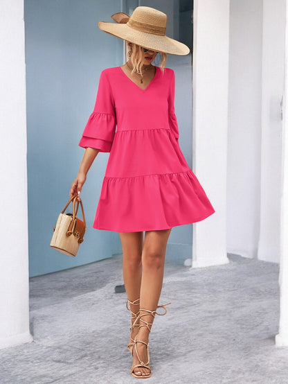 Flirty V-Neck Flare Sleeve Mini Dress