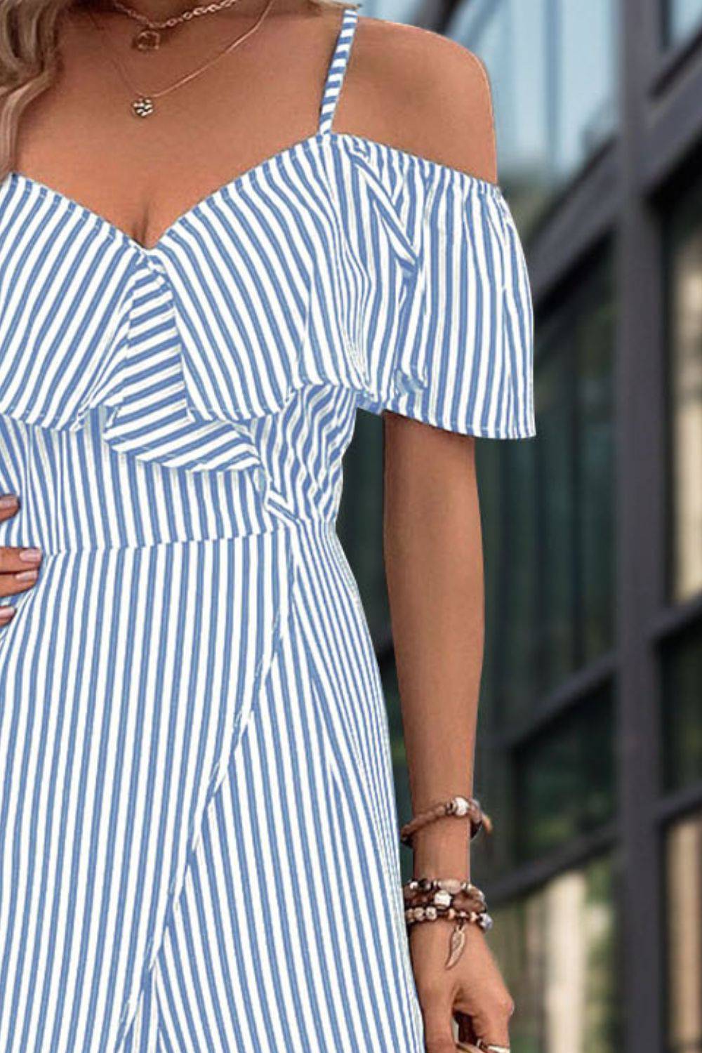 Ruffled Striped Short Sleeve Jumpsuit - FoxesFashion