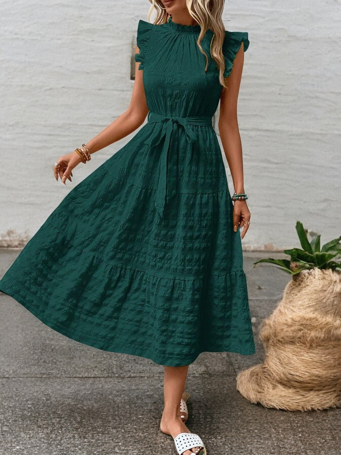 Sunny Charm Tied Ruffle Sleeve Midi Dress