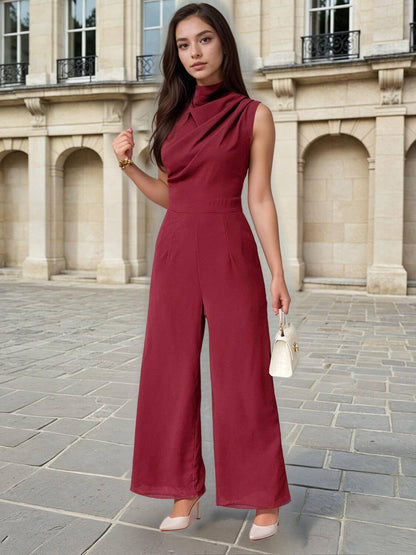 Ruched High Neck Sleeveless Jumpsuit - FoxesFashion