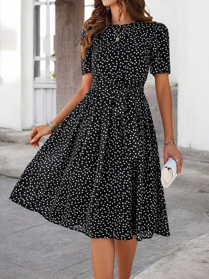 Printed Round Neck Short Sleeve Dress