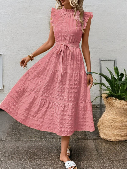 Sunny Charm Tied Ruffle Sleeve Midi Dress