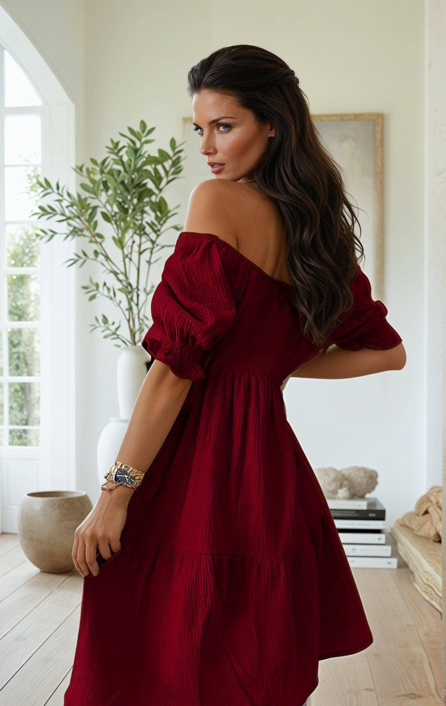 Ruffled Off-Shoulder Midi Dress - FoxesFashion