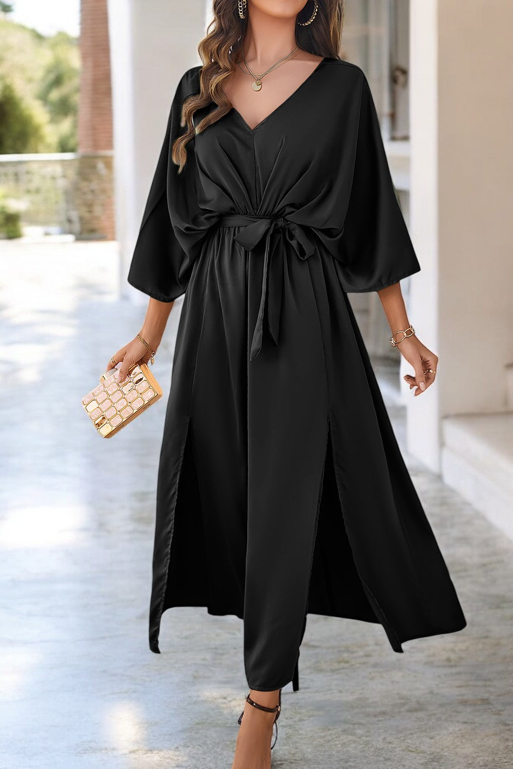 Coastal Charm Slit V-Neck Tied Sleeve Dress