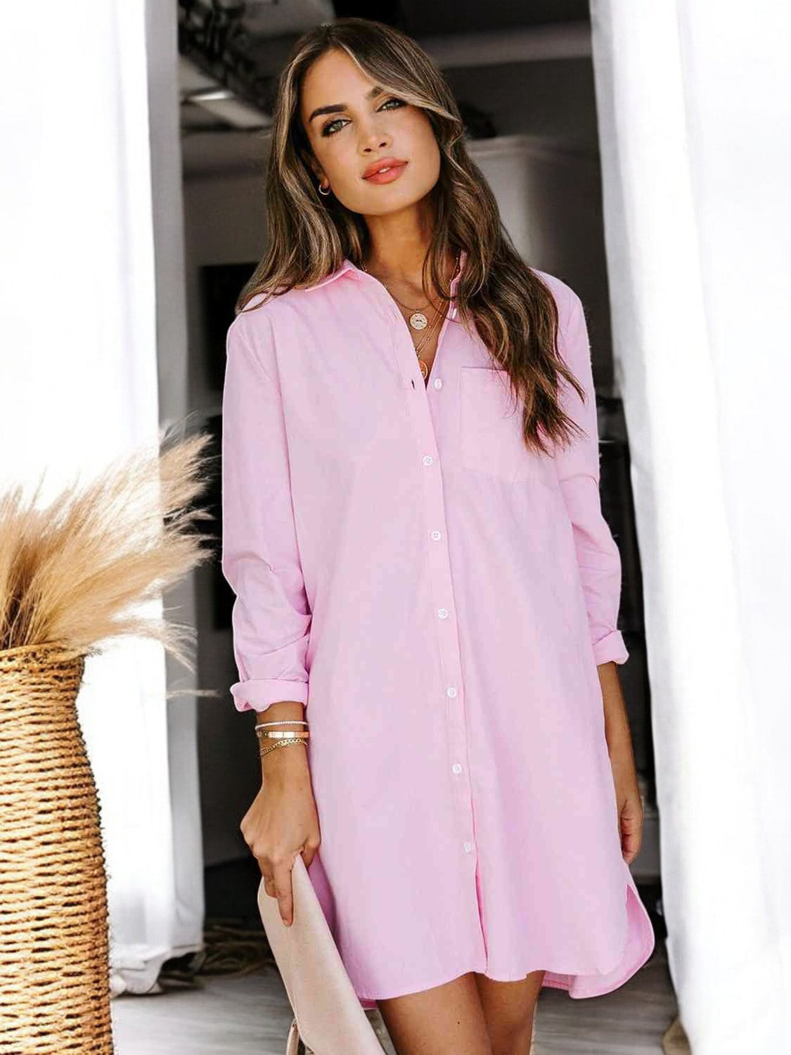 Chic Buttoned Collared Long Sleeve Shirt Dress